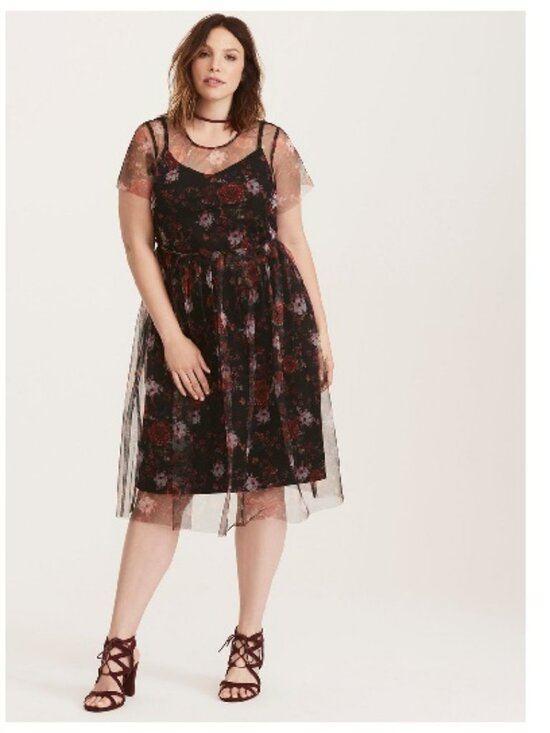 torrid Dresses & Skirts - Torrid Black Multi-Color Floral Print Mesh Skater Midi Dress Sz 1X